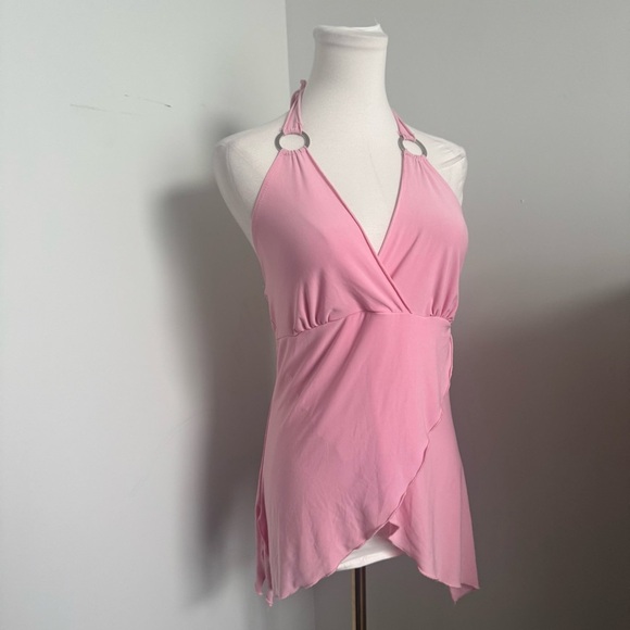 Y2K Pink Halter Ring Top Asymmetrical Wrap Style | Barbiecore 2000s Clubwear L - Picture 3 of 5